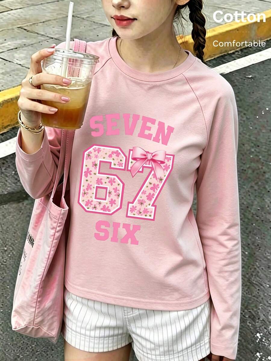 Autumn Girls Long Sleeve T-Shirt With Pink Letter SEVEN SIX Floral Number 67 Print And Bow Accent, Crew Neck Raglan Sleeve Soft Fabric - Baby Pink - View 1