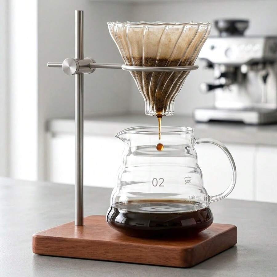 Pour Over Coffee Dripper Stand Set, Includes 600ml/20oz Coffee Pot, Coffee Filter/Filter Paper And Wooden Base, Adjustable Height Pour Over Coffee Stand, Suitable For Home, Cafe, Restaurant Filter Holder - Multicolor - View 1