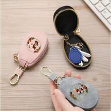 Floral Wreath Letter A-Z Car Key Holder, Mini Car Key Storage Bag, PU Leather Keychain Wallet, Zipper Pouch, Car Key Organizer, Car Keychain, Unisex Gift - Multicolor - View 9