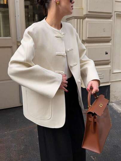 26 Autumn/Winter New Round Neck Minimalist Frog Button Design Overcoat For Daily, Holiday, Office Wear
