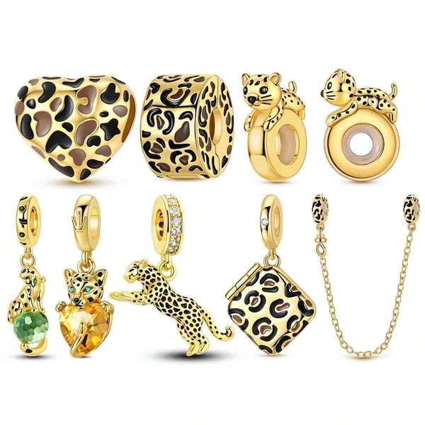 1Pc 18K Gold Plated Cheetah Leopard Pattern Series, Spacer Beads, Clip Charm & Safety Chain Charms, DIY Jewelry Findings For Bracelet Necklace Making