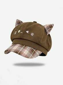 MESHUOKAI Y2K Sweet & Cool Girl 3D Cat Ear Newsboy Cap, Plaid Patchwork Brim, Cartoon Cat Embroidery Fashion Beret, Suitable For Daily Wear - Multicolor - View 6
