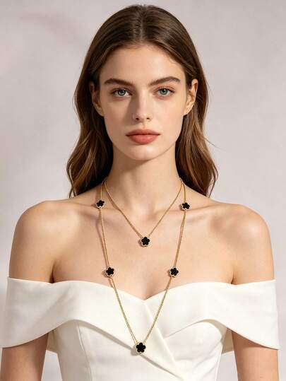 1pc Long Necklace Lucky Five-Leaf Clover Flower Long Necklace Fashion Autumn/Winter Sweater Chain