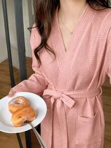 1pc Women's Waffle Knit Long Sleeve Solid Color Bathrobe, Unisex Adult Bathrobe, Soft And Absorbent, Loose Fit, Suitable For Home, Spa, Hotel Leisure Wear, Furniture And Bathroom Supplies, Valentine's Day Gift, Women's Casual Wear, Women's Bathrobe, Casual Wear - Pink - View 8