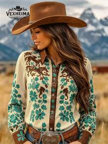 VEXHEIMA Women's Western Style Fashion Vintage Colorblock Horse & Floral Embroidery Print Lapel Long Sleeve Blouse, Versatile - Multicolor - View 5