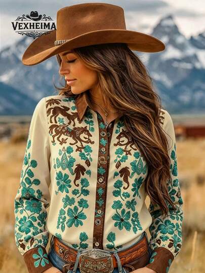VEXHEIMA Western-Style Women's FashionableRetro Color-Blocked Horse And Floral Embroidered Print Collared Long-Sleeve Shirt For Women-Versatile