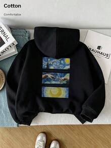 Oversized Women's Sweatshirt For Autumn/Winter, Long-Sleeve Hoodie With Pockets, Casual Top, Y2K Style, Daily Letter Graphic Print, Unisex Black - Black - View 6