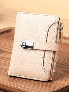 Women's Short PU Soft Fashion Patchwork Exquisite Snap Large Capacity Multi-Card Slot Multi-Function Card Holder Document Storage Bag, Young Zipper Coin Purse Compact Lightweight Convenient To Carry Suitable For Holiday Gift - Apricot - View 4