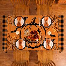 1pc Halloween Pumpkin Bat Spider Web Grid Print Rectangular Tablecloth, Suitable For Holiday, Party, Birthday, Dinner, Restaurant Table Decor, Halloween Home Autumn/Winter Decoration - Multicolor - View 5