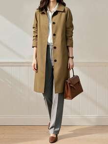 Minimalist Twill Straight Wool Coat Women Pocket Midi Work Travel Fall Winter Fashion - Brown - View 5