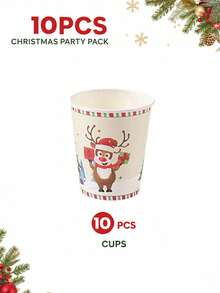 10/24pcs Christmas Reindeer & Santa Hat Print Disposable Paper Tableware Set, Includes Paper Cups, Napkins, Popcorn Boxes, Food Boxes And Straws, Suitable For Christmas Dinner, Family Gathering, Dessert Table Decor And Winter Party - Multicolor - View 10