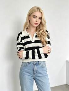 Jersey de punto con solapa a rayas en blanco y negro para mujer, camisa POLO casual de manga larga, corte entallado, favorecedor, cómodo y de estilo moderno. - Blanco y Negro - Ver 6