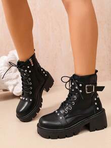 Punk Rivet Thick Sole Boots For Women, Lace-Up Buckle Side Zipper Ankle Boots, Lightweight For Travel Or Daily Wear - Black - View 2