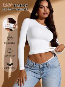 Women's White Crew Neck Long Sleeve T-Shirt, High Elasticity Fabric, Mild Shaping Waist, Regular Length Casual Spring - White - View 3