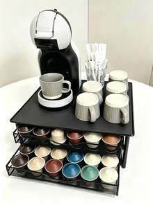 2‑Tier Iron Coffee Capsule Storage Drawer, Metal Mesh Coffee Pod Holder, 72‑Capsule Capacity Pull‑Out Organizer Stand For Coffee Machine Countertop, Non-Slip Tabletop, Black Coffee Pod Storage Rack For Home Kitchen Coffee Bar - Black - View 9