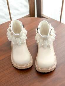 Girls' White Ankle Boots, College Style, Mesh Frill Trim With Pearl Bow, Side Zipper For Easy On/Off, Thick Textured Non-Slip Sole, Versatile Kids' Shoes For School Uniforms In Autumn/Winter - White - View 4