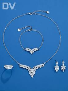 DV JEWELRY Juego de joyas de 5 piezas/set con circonita cúbica chapada en oro blanco, collar, pulsera, pendientes, anillo con apertura oculta, regalo de joyas elegante para citas, fiestas, aniversarios - Plateado - Ver 3
