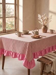 1pc White Base Red Striped Pink Ruffle Edge Tablecloth, Fresh Natural Style Fabric Rectangular Pink Ruffle Edge Patchwork Detail Decorative Functional Dining Tablecloth Suitable For Daily Home Dining And Fresh Home Decor Scenes - Red - View 6