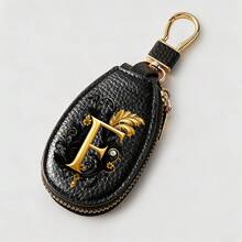 Litchi Pattern Key Bag -Black Gold Letters A-Z Car Key Protection Cover,PU Key Storage Clip,Zipper Bag,Car Key Storage Device,Car Keychain,Unisex Gift - Multicolor - View 12