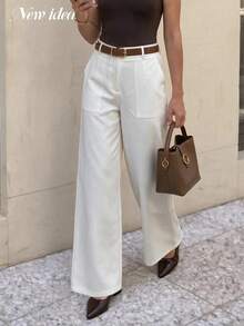 NEW IDEA Women's Casual White Fall Winter High Waist Wide Leg Pants, Pocketed Dress Trousers For Daily, Commute, Going Out & Dating Wear - White - View 4