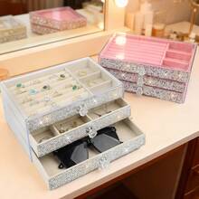 1pc 3-Layer Rhinestone Jewelry Storage Box, Multi-Function Large Capacity Jewelry Container With Drawers, Can Store Rings, Earrings, Bracelets, Necklaces - Multicolor - View 9