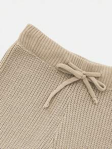Women's Round Neck Ribbed Solid Color Casual Top + Elastic Drawstring Pencil Pants, Knit Pants 2 Pieces Set, Comfortable Winter Daily Outfit - Khaki - View 7