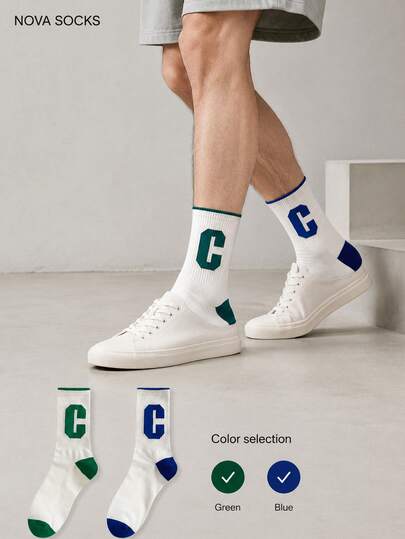2 Pairs Men's Mid-Calf Socks With Letter C, Green, Blue, White, Suitable For Outdoor And Indoor, Unisex, Comfortable Fabric, Fashion, Sports, Gift For Men