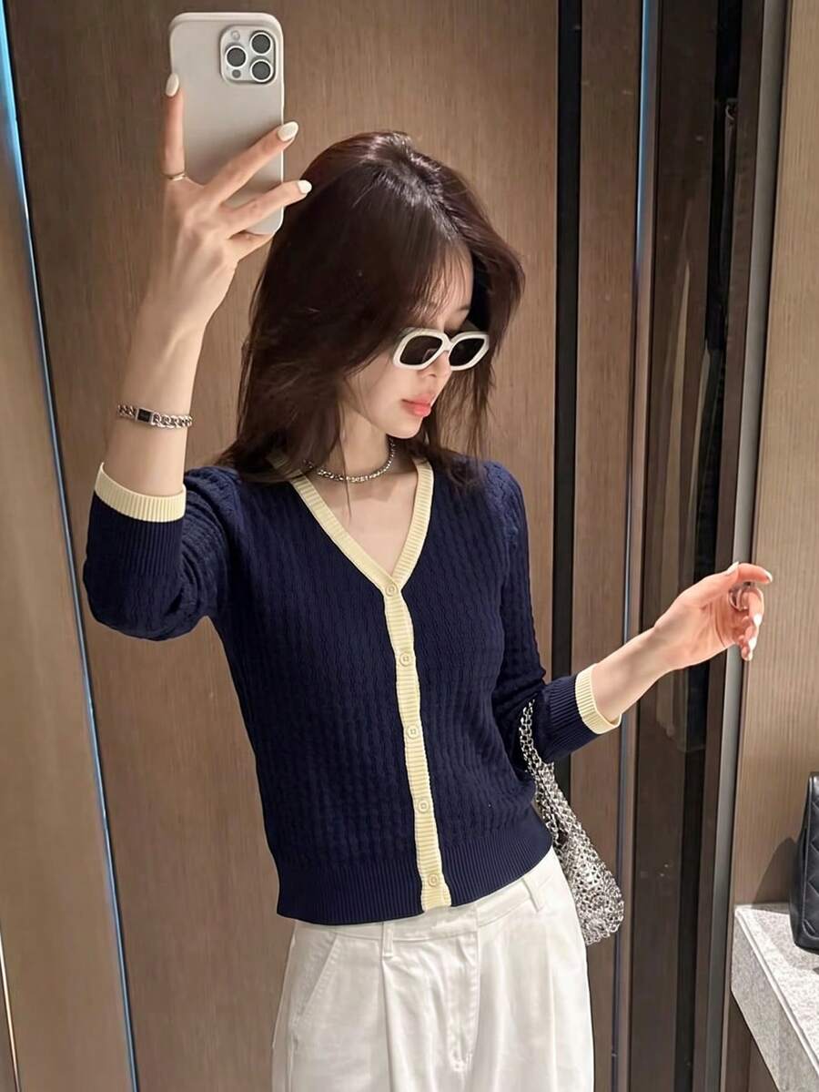 Women's Autumn/Winter Casual Minimalist Small V-Neck Knit Top, Colorblock Faux Two Pieces Long Sleeve Cardigan Sweater, Thin Outerwear - Navy - View 1