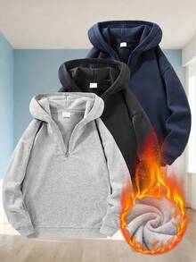 Sweatshirt Hoodie Pria Warna Polos dengan Resleting Setengah/Seperempat, Sweatshirt Pullover Lengan Panjang Beludru, Sweatshirt Pullover Tebal dengan Lapisan Hangat, Cocok untuk Musim Gugur/Musim Dingin - Light Grey - View 10