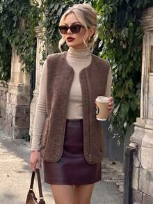 Women's Solid Color Sherpa Fleece Zip-Front Pockets Slim-Fit Lightweight Vest Jacket, Autumn/Winter - Coffee Brown - View 3