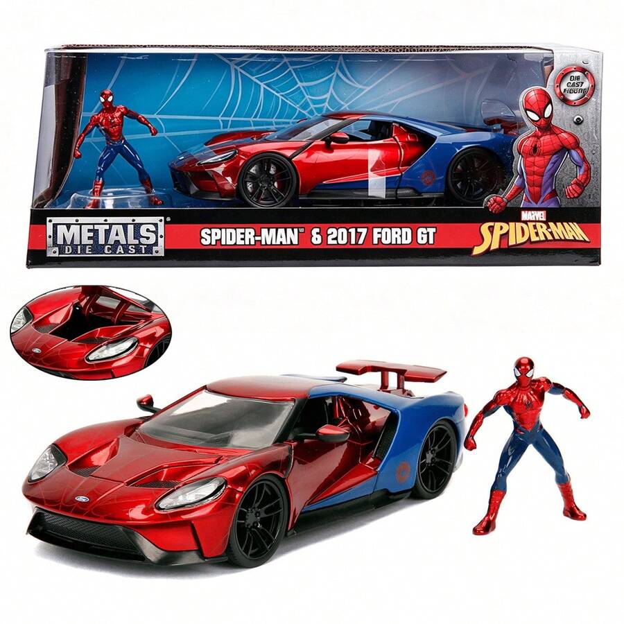 Simba Jada Toys Marvel 1:24 2017 Ford GT Die-Cast Model Car With 2.75-Inch Spider-Man Figure, Red & Blue Color, Collector's Toy, Suitable For Hobbyists - Multicolor - View 1