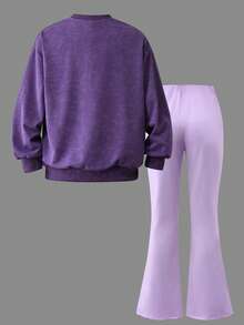 2pcs/Set Girls Round Neck Sweatshirt Set, Printed With Bows And English, Paired With Casual Flared Pants, New Comfortable Autumn/Winter Outfit - Purple - View 3