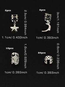 35pcs Star & Moon Combination Dreadlock Bead Hair Accessories, Hair Scrunchies, Gift For Girls & Women For Dates, Parties - Silver - View 9