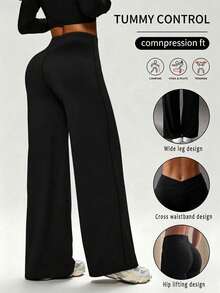 Women Fall Winter Crisscross Waist Wide Leg Yoga Pants, Tummy Control & Butt Lift, Buttery Soft Non-See Through Slim Stretch Pants For Gym Daily Wear - Black - View 2