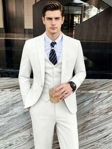 Men's Business Suit 3 Pieces Set, Slim Fit Solid Color Groom Wedding Tuxedo, Luxury Office Tailcoat, Casual Fashion Single-Breasted Suit Jacket, Vest And Trousers - White - View 1