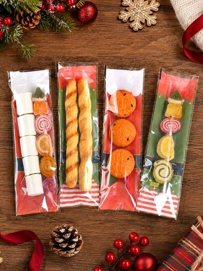 50/100pcs Christmas Long Cellophane Bags, Santa Elf Dress Clear Self-Sealing Baking Bags For Christmas/New Year,Sealed Plastic Cookie Candle Bags For Christmas Party Supplies