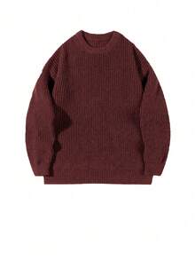 Lightweight Casual Textured Knit Sweater, Minimalist Design, Loose Fit Crew Neck Pullover For Unisex, Suitable For Autumn/Winter - Brown - View 2