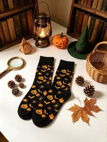 1 Pair Women's Multi-Color Small Bat & Pumpkin Element Soft Comfortable Cute Quirky Fashion Halloween Mid-Calf Socks - Multicolor - View 8