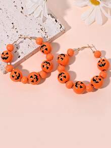 1 Pair European & American Style Pumpkin Smiling Face Round Bead Large Hoop Earrings, Halloween Theme Beaded Earrings - Orange - View 4