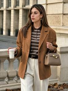 Blazer Suede Cokelat Kasual Wanita untuk Musim Gugur/Dingin - Khaki - View 1
