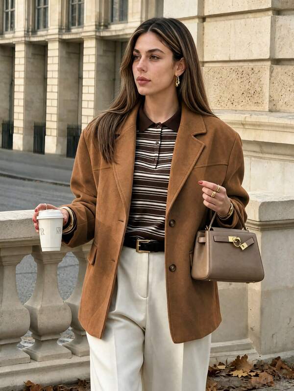 Women's Casual Fall-Winter Suede Brown Suit Jacket,Fall Clothes For Women,Office Wear For Women,Back To School,Brown Jacket,Going Out,Winter Clothes