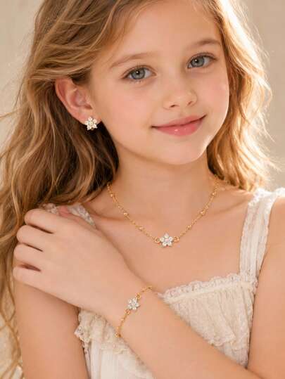 Juego de 2 piezas/3 piezas de joyería elegante y minimalista con collar, pulsera y pendientes de flor dorada con circonita cúbica, regalo para niñas para uso diario, vacaciones, fiestas y citas