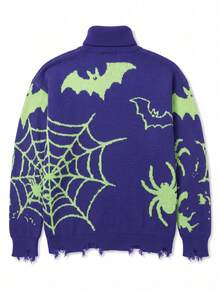 ANDREILEE Men's Halloween Sweater, Fashion Casual Bat Spider Web Funny Pattern Tassel High Neck Long Sleeve Loose Ribbed Pullover Knit Top, Autumn/Winter - Blue - View 7
