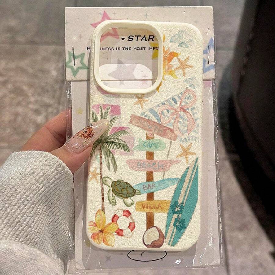 1pc TPU Material Beach Coconut Tree Turtle Pattern Phone Case Compatible With IPhone 17 Pro Max/17/16 Pro Max/15/13/12/11/ S20 FE/A15/S24/A55/ Note 11/Note 12/Note 13 Pro Full Coverage Anti-Drop Soft Shell Protective Cover - White - View 1