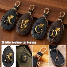 Litchi Pattern Key Bag -Black Gold Letters A-Z Car Key Protection Cover,PU Key Storage Clip,Zipper Bag,Car Key Storage Device,Car Keychain,Unisex Gift - Multicolor - View 2