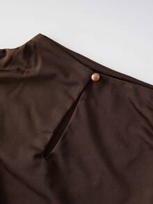 Women Brown Mock Neck Sleeveless Two Pieces Set, Ruched Waistband Asymmetrical High Low Hem Flowy Skirt Outfit- - Brown - View 8
