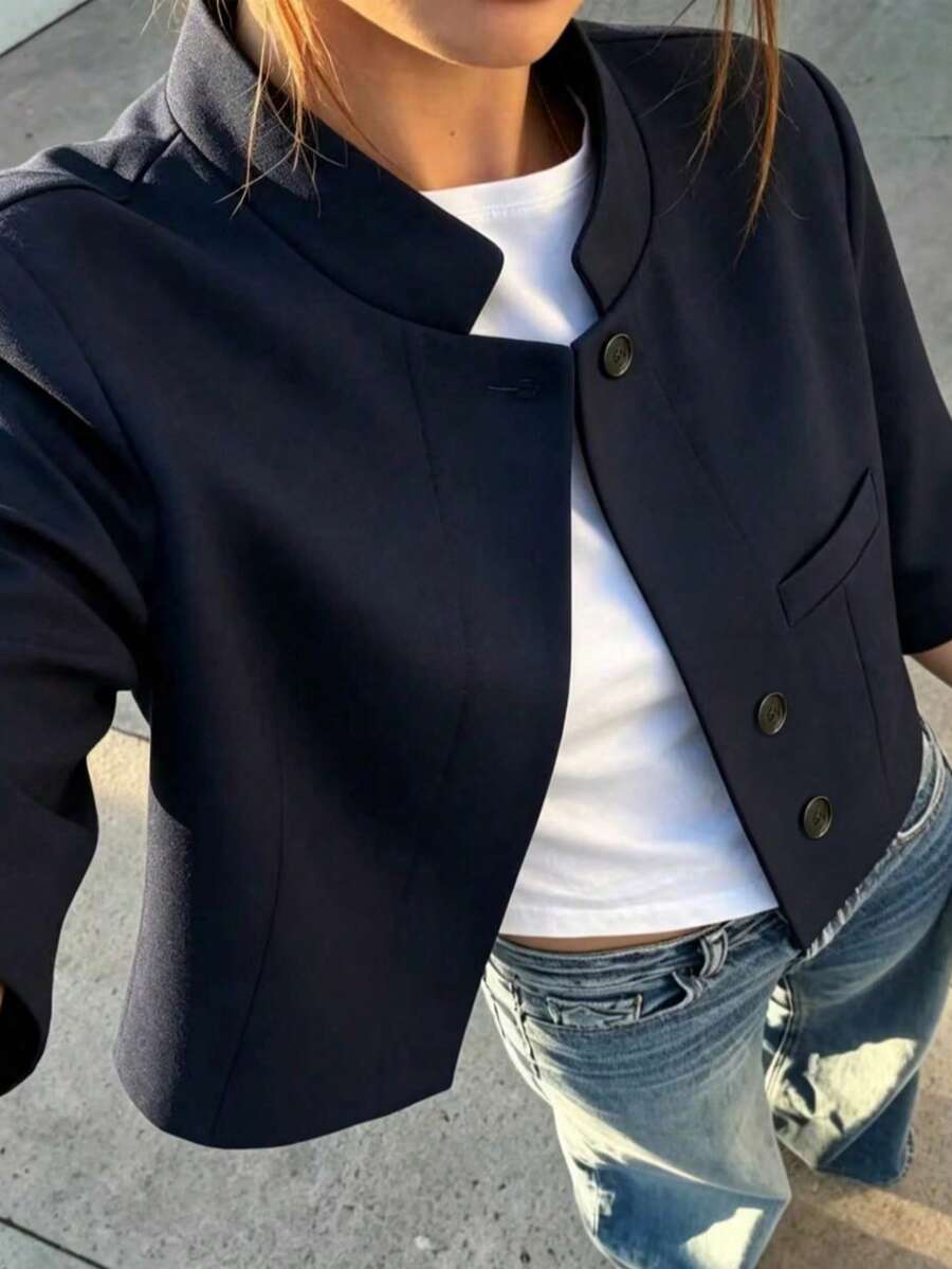 Seelio 春夏新款女式歐美風時尚極簡百搭短袖短版西裝外套 - 藏蓝色 - 查看 1
