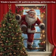 [Pai Ge Banner]1pc, Polyester Material, Christmas Theme Window Banner With Christmas Tree, Reindeer, Santa Claus Design For Christmas - Santa Claus Delivering Gifts - View 6
