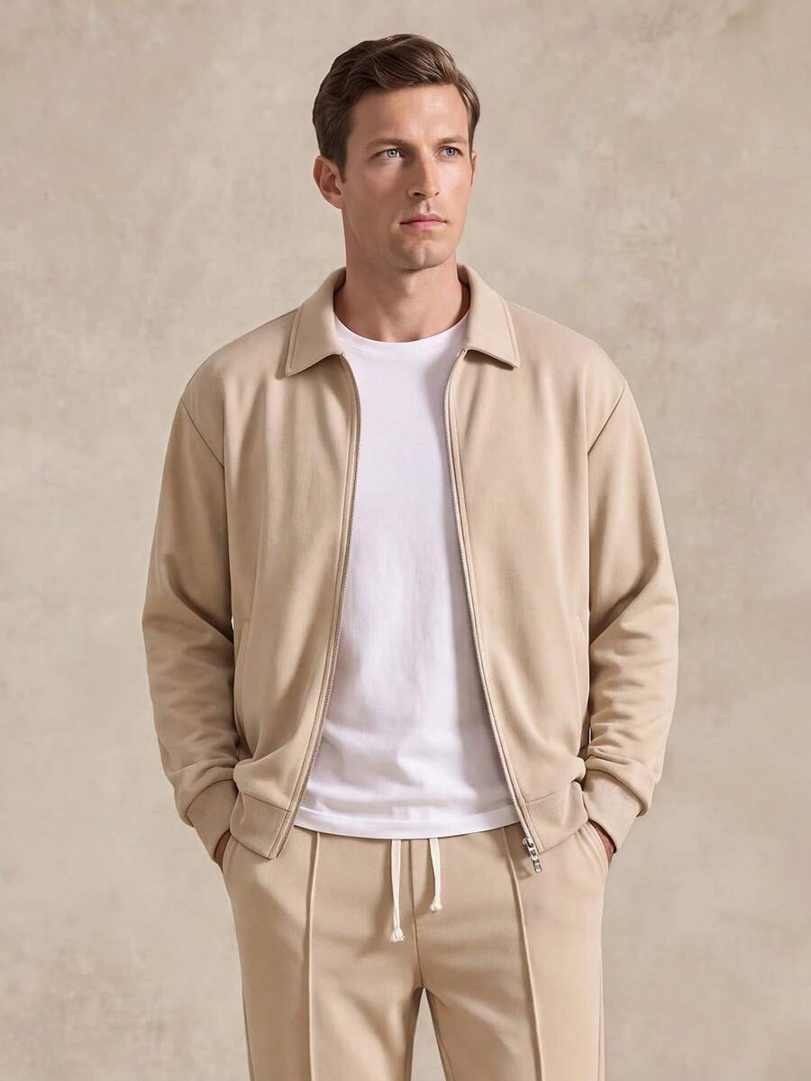 Courvante Men's Solid Color Zip Front Jacket & Drawstring Pants Casual Suit,Khaki Autumn Work Outfit,Beige Old Money Style Co Ord,Earthy Relaxed Daily Leisure Fall Long Sleeve - Khaki - View 1