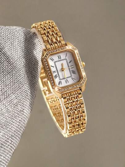 1pc Vintage Luxury Square Gold Watch, Woven Steel Band Quartz Wristwatch, Versatile Elegant Watch For Office Commute And Daily Wear, Niche Luxury Style Decorative Watch